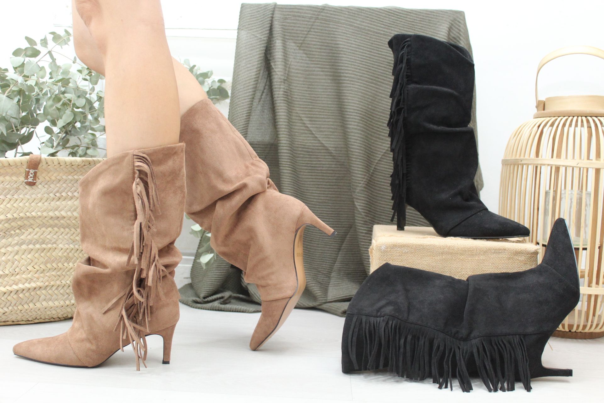 Bota arrugada de media caña en suave antelina con flecos top ventas!,ref035 - Imagen 1