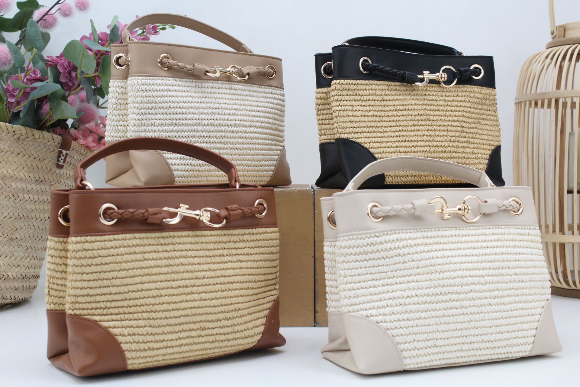 Bolso-Bandolera combinado en rafia y poli piel,ref73806 - Imagen 1