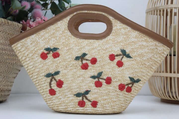 Cesta rafia con grabado de cerezas,ref3584