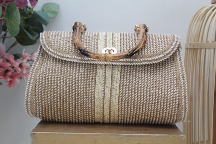 Bolso rafia con asa imitación bambú,ref1715